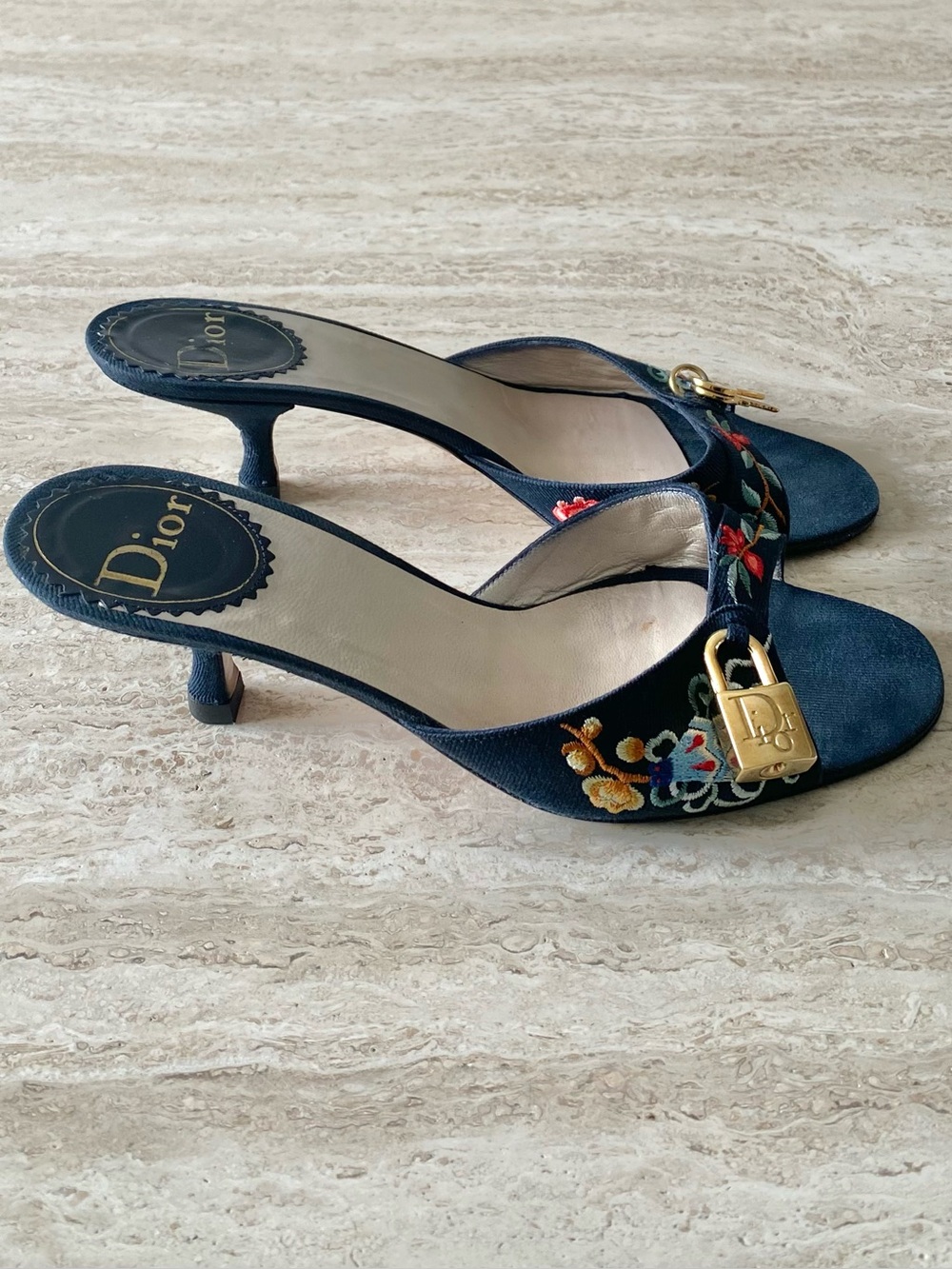 Vintage Dior Embroidered Key Lock Mule Kitten Heel Sandals - Picture 3 of 11